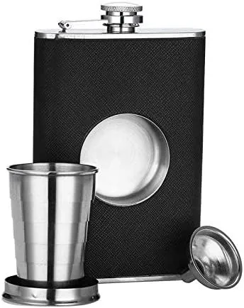 Flask tal-ġenbejn tal-istainless steel built-in collapsable 2 oz shot glass